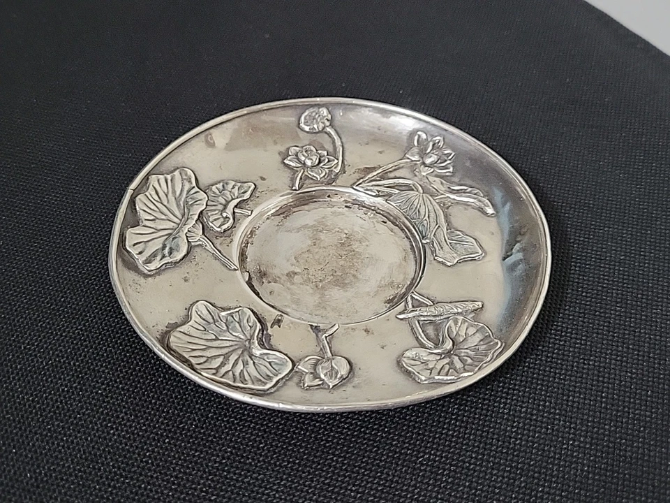 Plato posavasos japonés antiguo de plata de ley flores florales  Foto 1 de 4