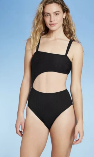 Shade and Shore Ribbed 1 PC S Black Medium Coverage Swimsuit