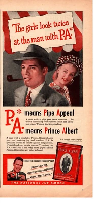 Anuncio vintage de tabaco de pipa y cigarrillo Prince Albert 1947, anuncio impreso de hombre con sombrero Foto 1 de 2