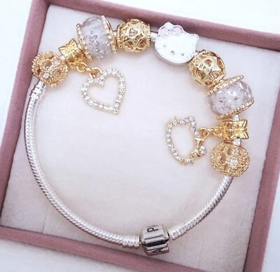 PANDORA SILVER CHARM BRACELET WITH CRYSTAL GOLD LOVE MY KITTY CHARMS & BOX! - Image 1 of 4