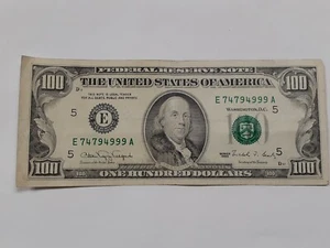 1990 100 Dollars Fancy Serial Number E74794999A In Good Condition Ink Error - Picture 1 of 12