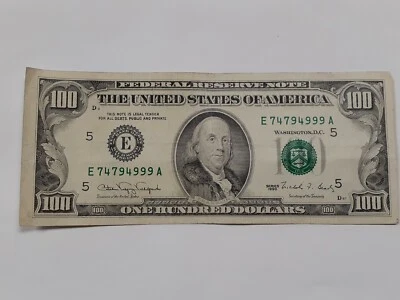 1990 100 Dollars Fancy Serial Number E74794999A In Good Condition Ink Error - Image 1 of 4
