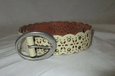 Cinturón de cuero Ralph Lauren marfil con tachuelas corte láser con hebilla de latón L nuevo sin etiquetas Foto 1 de 4