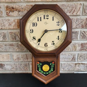 Vintage Elgin Faux Wood Plastic Wall Clock ~16" Tall Decor Tested Working Japan - Picture 1 of 7