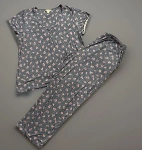 LAURA ASHLEY Pajama Set Womens 1X-Large Gray Pink Floral Short Sleeve Top/Pants - Picture 1 of 14
