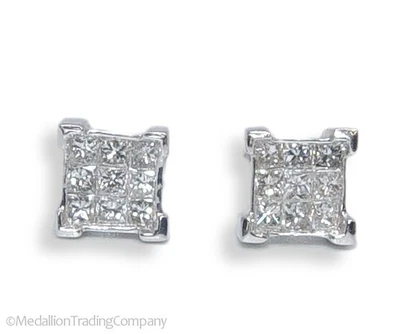 14k White Gold 1.08 Carat Diamond Princess Square Invisible Set Earrings lOT - Image 1 of 4