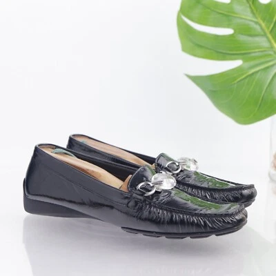 Stuart Weitzman Women's CIAW Loafer Size 8.5 SS NARROW Rhinetones Black Patent - Image 1 of 4
