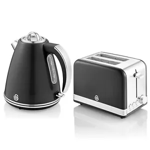 Swan Retro Jug Kettle and 2 Slice Toaster Set Stainless Steel Black - Picture 1 of 14