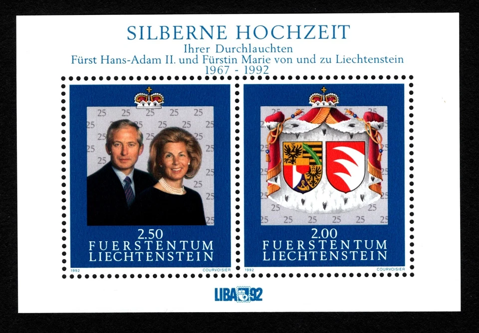 OPC 1992 Liechtenstein 25º Aniversário de Casamento S/S Sc#985 MNH 49799b - Imagem 1 de 1