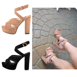 Onlymaker Womens Platform Chunky Heel Ankle Strap Criss Cross Rivet Stud Sandals - Picture 1 of 24