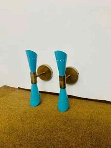 Pair Of 1950's Mid Century Blue Italian Wall Sconce Modern Brass Stilnovo Lamps - Picture 1 of 8