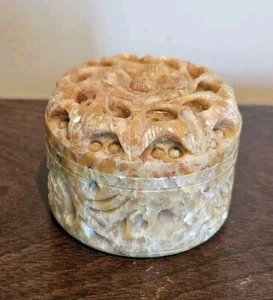 Carved Stone Tiny Round Trinket Jewelry Ring Holder Vintage Vanity Pill Box Deco - Picture 1 of 9