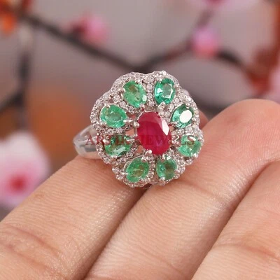 Rubí térmico y piedras preciosas de esmeralda con anillo de plata de ley 925 para mujer #4322 Foto 1 de 4