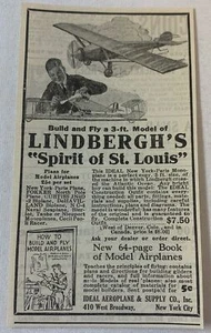 Pubblicità aereo modello ideale 1928 ~ CHARLES LINDBERGH'S SPIRIT OF ST LOUIS - Foto 1 di 1
