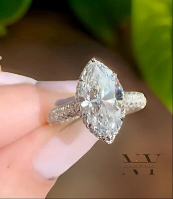 Moissanite Hidden Halo Engagement Ring 3 Carat Marquise Cut Solid 14K White Gold - Image 1 of 4