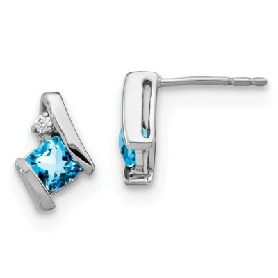 14K White Gold Cushion Blue Topaz and Diamond Stud Earrings Gift for Women - Image 1 of 4
