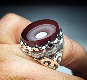 Blood Red Yemeni Aqeeq Ring, 925 Sterling Silver Natural Agate Ring, Shia Ring - Picture 1 of 2