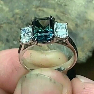 4Ct Emerald Simulated Alexandrite Three Stone Wedding Ring 14K White Gold Plated - Picture 1 of 5