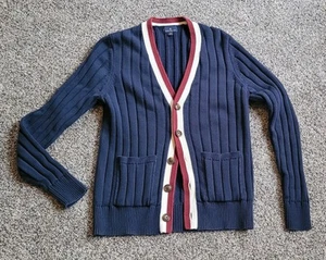Brooks Brothers Cotton Tennis Cardigan Ribbed Pockets Navy Sz M - Picture 1 of 6