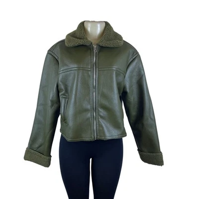 New Look Women's Olive Faux Leather Sherpa-Lined Jacket Warm Size L - New - Image 1 of 4