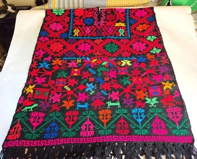 Poncho mexicano tejido a mano de colección colorido vibrante bordado floral flecos Foto 1 de 4