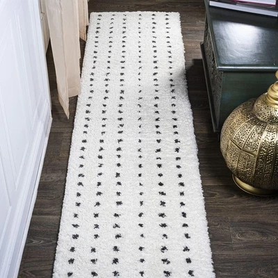 Pele Modern Geometric Dot Shag White/Gray Runner Rug, 2x10, Bohemian, Contemp... - Image 1 of 4