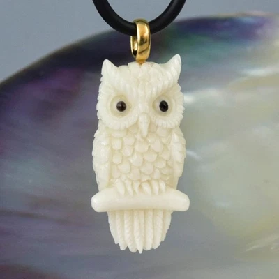 Eule Anhänger Geschnitzter Weiße Knochen 18K Gold Vermeil Sterlingsilber 4.06g - Bild 1 von 4