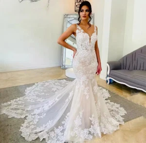 Spaghetti Strap Boho Mermaid Wedding Dress Lace Beach Wedding Dress Open Back - Picture 1 of 11