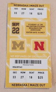 2018 NCAA Football Mich v Nebraska Sep 22 2018 Ticket Stub Sec 33 Row 27 Seat 18 - Picture 1 of 11