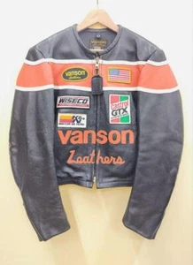 Men's Size 38 Black and Orange VANSON Leather Motorcycle Jacket from Japan - Picture 1 of 24