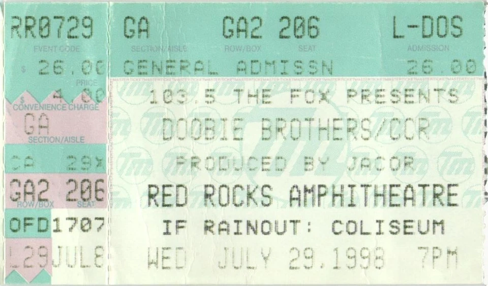 1998 Doobie Brothers Creedence Clearwater Concert Ticket Stub Morrison CO - Image 1 of 1