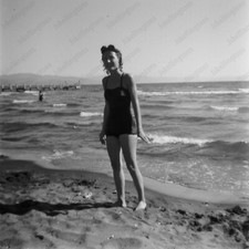 1950s beach scene candid of woman in swimsuit 2 1/4 B&W Film NEGATIVE Ps6