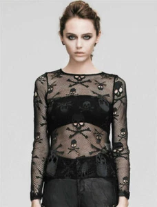 Devil Fashion Rock Women Long sleeve Black Skull Mesh goth Top punk shirt Blouse - Picture 1 of 5