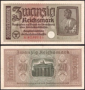 20 Reichsmark 1940-1945 Germany occup. Pick:R139 - Series: K8239145 -"F" - D39 - Picture 1 of 4