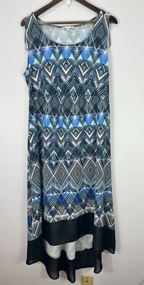 Vestido Notations 1X Azul Negro Estampado Geométrico Alto Bajo Sin Mangas Boho Art Deco Foto 1 de 4