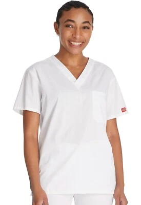 Dickies Scrubs 83706 V Neck Unisex Scrub Top Dickies EDS WHWZ White Free Ship - Image 1 of 4