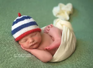 Hand Knitted Crochet Baby Hat Prop Cashmerino Blue Stripe Boy Pixie Newborn-12M - Picture 1 of 9