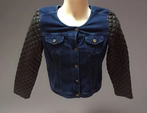 Jessica Simpson Girls Fitted Denim Jacket with Faux Leather Sleeves Size XL Used - Picture 1 of 8