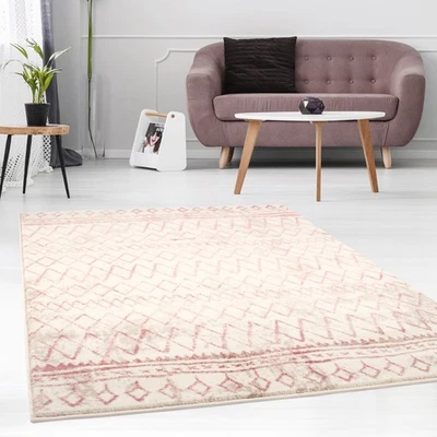 Teppich Modern Flachflor Geometrisches Muster Pastell-Rosa Wohnzimmer - Bild 1 von 4