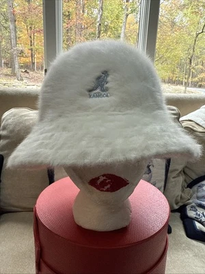 Vintage Original Kangol Blue Brand All White Furry Fluffy Bucket Hat Rave Sz L - Image 1 of 4