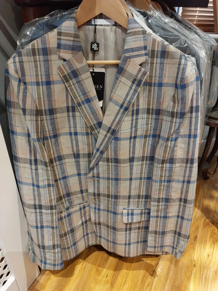 Lauren RALPH LAUREN 100% LINEN Summer Jacket Size 42R Tan/Blue NEW + Tags - Image 1 of 4