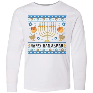 Inktastic Happy Hanukkah Sweater Style Design With Youth Long Sleeve T-Shirt Of - Picture 1 of 3