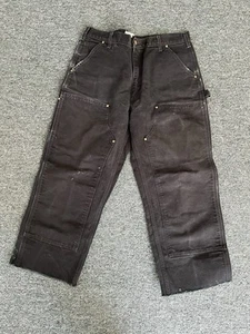Cropped Carhartt Double Knee Black Distressed Faded Jeans, Size 36, Made In USA - Picture 1 of 7
