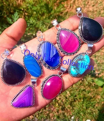 Onyx & Mix Gemstone 925 Sterling Silver Plated Pendant Lot Lovely Jewelry - Image 1 of 2