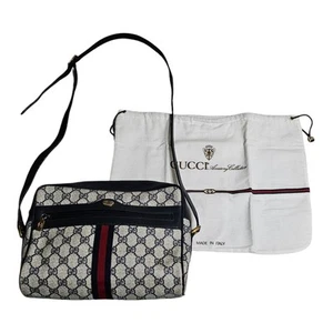 Vtg Gucci Accessory Collection Crossbody Bag 80s Blue Canvas Stripe Sherry Dust - Picture 1 of 21