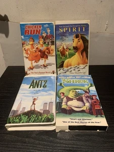 Lot of 4 VHS Movies Dreamworks Spirit Shrek Antz Chicken Run Clamshell - Picture 1 of 11