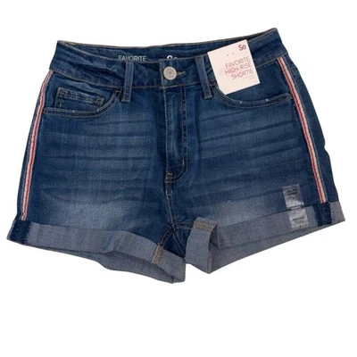 Pantalones Cortos de Jean de Tiro Alto SO Favorite Talla 7 Azul Puños Rojo Rayas Nuevos con Etiquetas Foto 1 de 4