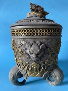 Old Objects Collectable Silver with gold tracing Double Dragon Incense Burner - Picture 1 of 8
