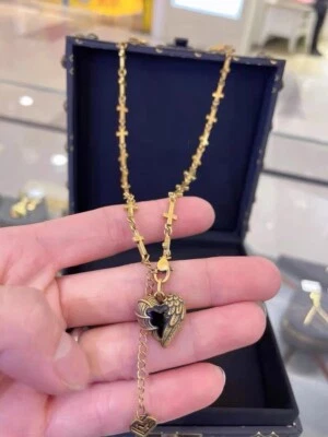 Collar colgante corazón ágata alas de demonio y ángel cadena cruz ajustable Foto 1 de 2