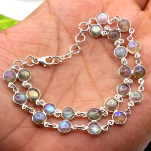 Natural Labradorite Round Gemstone Bracelet 925 Sterling Silver Jewelry 7" - Picture 1 of 2